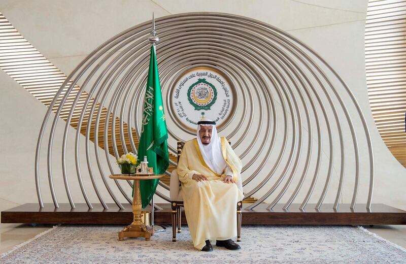 epa06671026 A handout photo made available by the Saudi Press Agency (SPA) shows Saudi King Salman bin Abdulaziz waiting to receive other Arab leaders ahead of the 29th Arab Summit, in Dhahran, Saudi Arabia, 15 April 2018. The summit is held one day after the US, France, and Britain launched strikes against Syria on 14 April in response to Syria's suspected chemical weapons attack. Arab leaders are also expected to discuss tension with Iran, Palestinian issue, and developments in Yemen, Lebanon and Libya.  EPA/SAUDI PRESS AGENCY HANDOUT  HANDOUT EDITORIAL USE ONLY/NO SALES