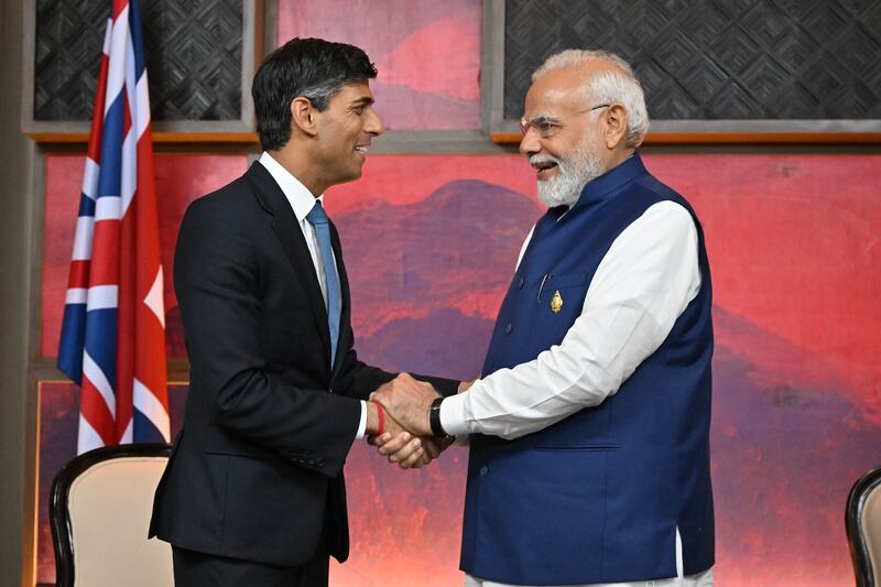 UK prime minister Rishi Sunak and Indian prime minister Narendra Modi of India hold a bilateral meeting at the G20 summit in Bali. PA