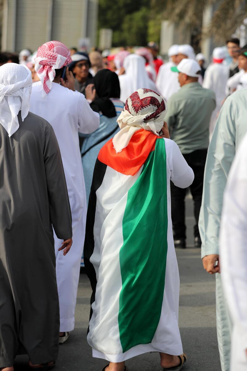 Abu Dhabi, United Arab Emirates - January 29, 2019: UAE fans before the semi final between the UAE and Qatar in the Asian Cup 2019. Tuesday, January 29th, 2019 at Mohamed Bin Zayed Stadium Stadium, Abu Dhabi. Chris Whiteoak/The National