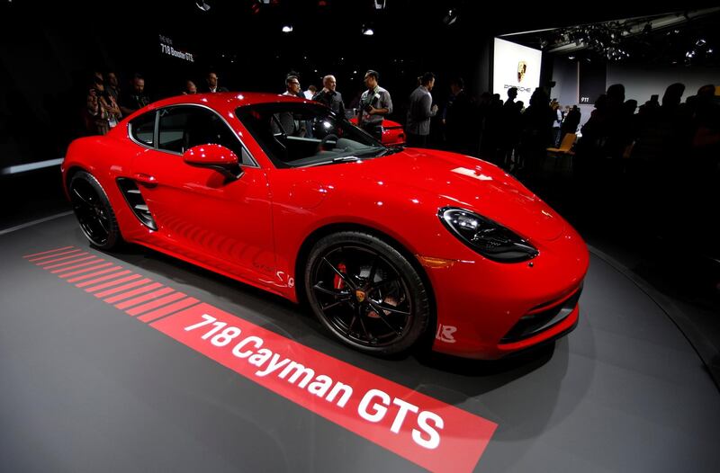 FILE PHOTO: The Porsche 718 Cayman GTS is displayed at the Los Angeles Auto Show in Los Angeles, California U.S. November 29, 2017. REUTERS/Mike Blake/File Photo