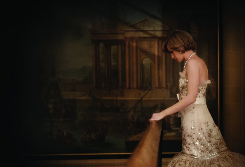 Kirsten Stewart in 'Spencer', wearing a silver beaded, organza Chanel gown. Photo: Shoebox Films