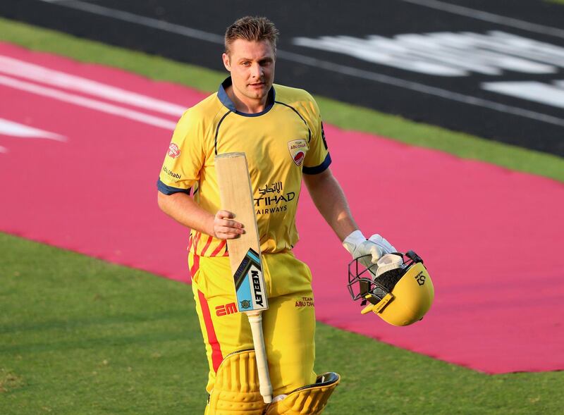 Abu Dhabi, United Arab Emirates - November 17, 2019: Abu Dhabi's Luke Wright is run out during the game between Team Abu Dhabi and The Northern Warriors in the Abu Dhabi T10 league. Sunday the 17th of November 2019. Zayed Cricket Stadium, Abu Dhabi. Chris Whiteoak / The National