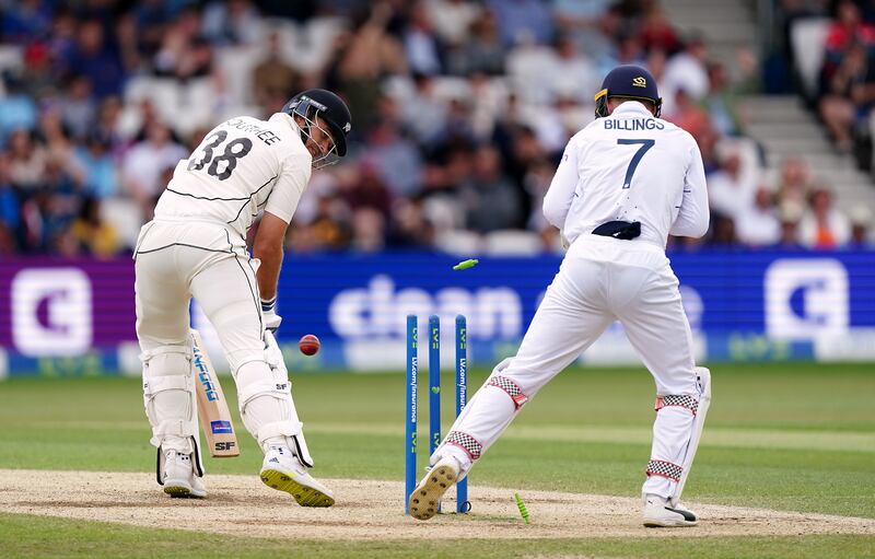 New Zealand's Tim Southee is bowled by England's Jack Leach for two. PA