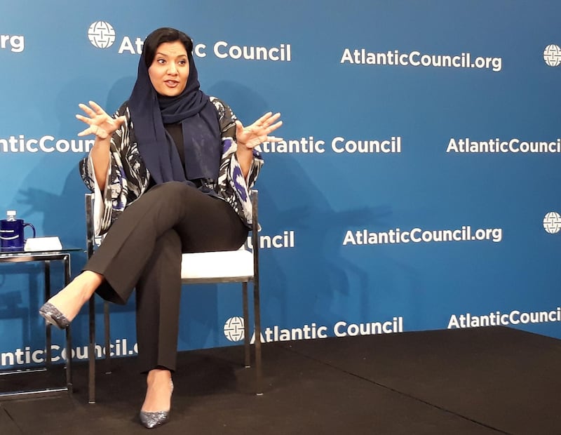 Princess Reema bint Bandar al-Saud speaks on February 28, 2018 at the Atlantic Council in Washington,DC.
Saudi Arabia is working to address deeper issues on the path to women's rights after allowing them to drive and attend soccer matches, one of the kingdom's top female officials said February 28, 2018. "These are things that are quick wins, we know we can do them, women in stadium, women driving, that's great, but women driving is not the end all be all of women's rights," Princess Reema bint Bandar al-Saud told the Atlantic Council in Washington. As part of a wide-ranging social and economic reform initiative, King Salman announced in September that Saudi women would be allowed to drive from June this year.
 / AFP PHOTO / IAN TIMBERLAKE