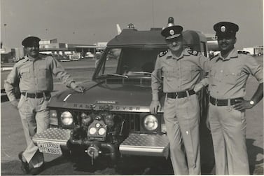 Bill Round, Airport Fire Chief at Abu Dhabi International Airport in the 1970s, with his second and third in command. Courtesy Phillip Round