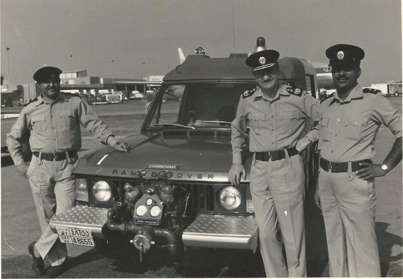Bill Round, Airport Fire Chief at Abu Dhabi International Airport in the 1970s, with his second and third in command. Courtesy Phillip Round