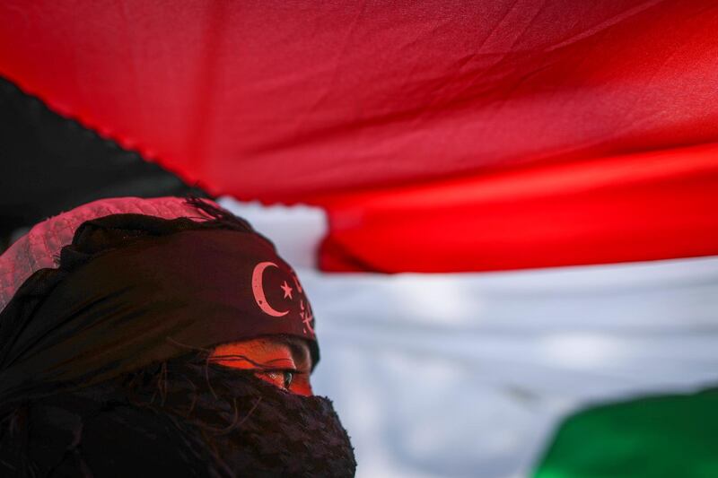 An Indonesian Muslim activist stands under a giant Palestine national flag during a protest held to show opposition to US president Donald Trump's decision to recognise Jerusalem as capital of Israel, outside the US embassy in Jakarta, Indonesia, on December 8, 2017. Mast Irham / EPA