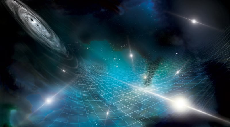Artist’s concept that shows stars and black holes laid over a grid representing the fabric of space-time. Ripples in this fabric are called gravitational waves. Photo: North American Nanohertz Observatory for Gravitational Waves