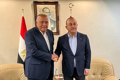 Turkish Foreign Minister Mevlut Cavusoglu, right, greets his visiting Egyptian counterpart Sameh Shoukry in Adana. AFP
