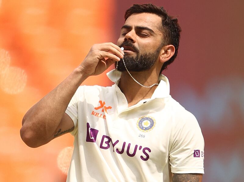 INDIA'S TEST JERSEYS: Virat Kohli after scoring his century during the fourth Test against Australia at the Narendra Modi Stadium in Ahmedabad on March 12, 2023. Getty