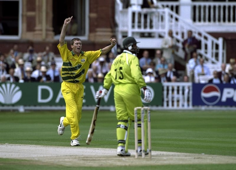 20 Jun 1999:  Glenn McGrath of Australia takes the wicket of Wajahatullah Wasti of Pakistan during the Cricket World Cup Final at Lord's in London. Australia won by 8 wickets. \ Mandatory Credit: Laurence Griffiths /Allsport / Getty Images