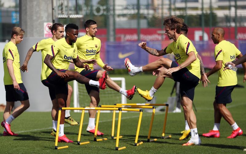 Frenkie de Jong, Antoine Griezmann, Nelson Semedo, Clement Lenglet, Ivan Rakitic and Martin Braithwite during a training session. EPA