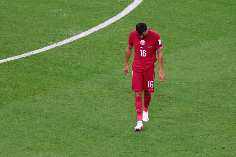 Boualem Khoukhi of Qatar is dismayed after the 2-0 loss during against Ecuador at Al Bayt Stadium. Getty Images