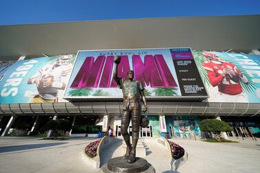 A statue of NFL Hall of Fame quarterback Dan Marino stands outside Hard Rock Stadium, where Super Bowl LIV will be played. AP Photo