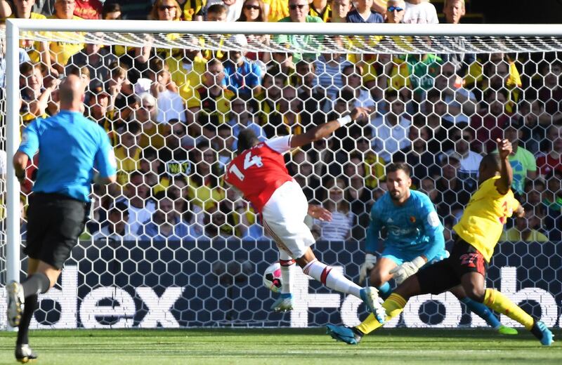Arsenal's Pierre-Emerick Aubameyang scores against  Watford. EPA