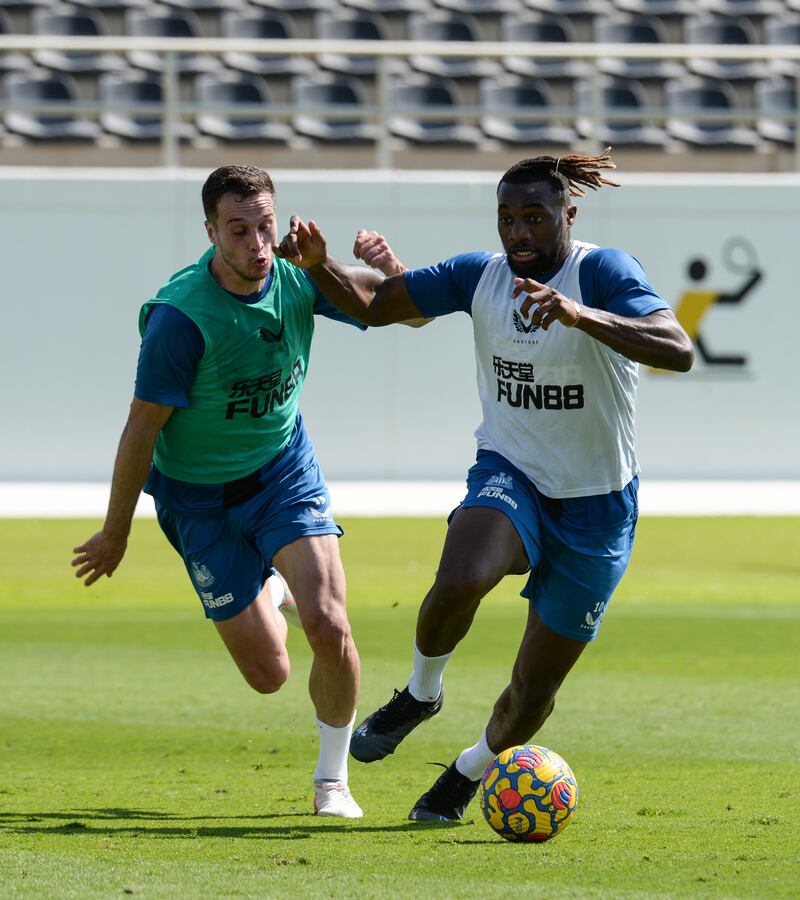 Allan Saint-Maximin, right, and Javier Manquillo during Newcastle United's training session in Jeddah. Newcastle are in Saudi during the Premier League's winter break. All photos by Getty