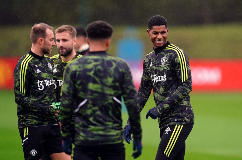 Marcus Rashford during training at the AON Training Complex in Manchester. PA