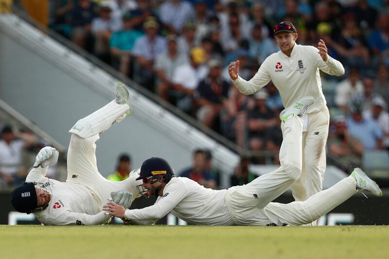 PERTH, AUSTRALIA - DECEMBER 15: Jonny Bairstow and Mark Stoneman of England dive for a catch off Shaun Marsh of Australia during day two of the Third Test match during the 2017/18 Ashes Series between Australia and England at WACA on December 15, 2017 in Perth, Australia.  (Photo by Paul Kane/Getty Images)