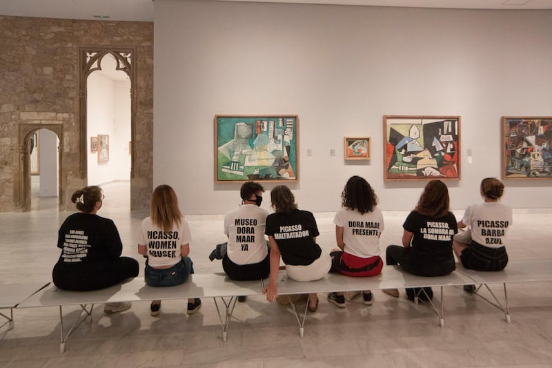 Students protest inside Picasso Museum in Barcelona, Spain May 27, 2021. Picture taken May 27, 2021 in this picture obtained from social media. Ismael Llopis/via REUTERS THIS IMAGE HAS BEEN SUPPLIED BY A THIRD PARTY. MANDATORY CREDIT. NO RESALES. NO ARCHIVES.