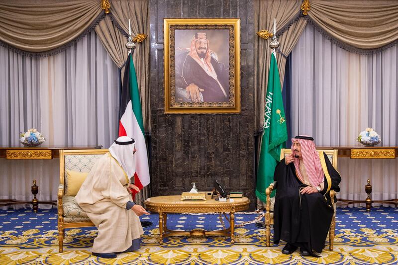 Saudi Arabia's King Salman meets Sheikh Meshal during his first official visit to Riyadh. SPA