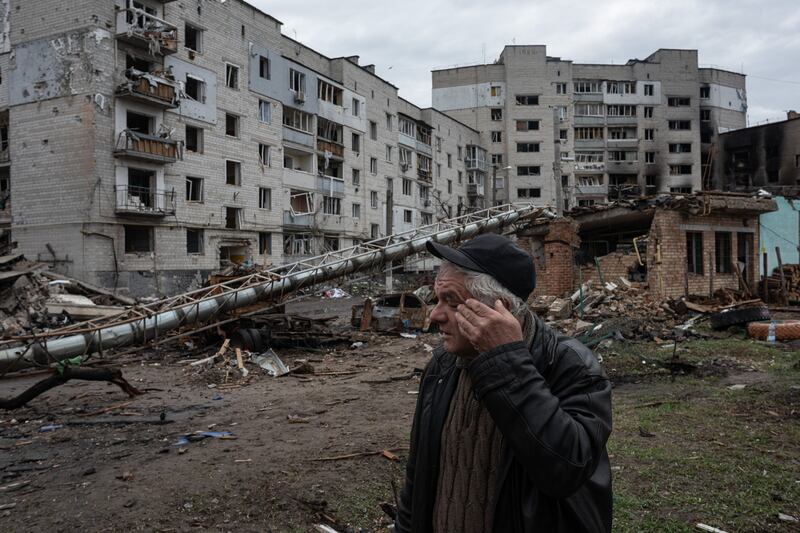 A distraught survivor of the attack on Borodianka. Getty Images