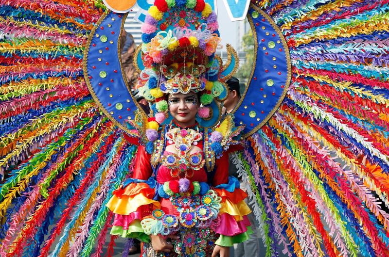 An Indonesian artist performs during preparations for the Asian Games carnival in Jakarta, Indonesia. Indonesia will host 40 events at the upcoming Asian Games 2018, which is scheduled to be held from August 18 to September 2.  Adi Weda / EPA