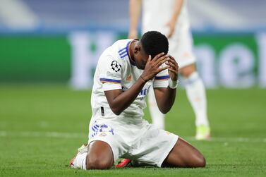 MADRID, SPAIN - SEPTEMBER 28: Rodrygo of Real Madrid is dejected during the UEFA Champions League group D match between Real Madrid and FC Sheriff at Estadio Santiago Bernabeu on September 28, 2021 in Madrid, Spain. (Photo by Gonzalo Arroyo Moreno / Getty Images)