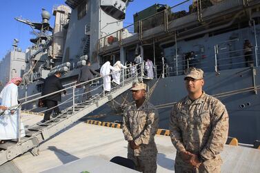 Officials visit the US Navy ship USS Rushmore at Khalifa port in Abu Dhabi in 2013. The ship was visiting the UAE from Bahrain, where the US Navy’s 5th fleet s based. Ravindranath K / The National