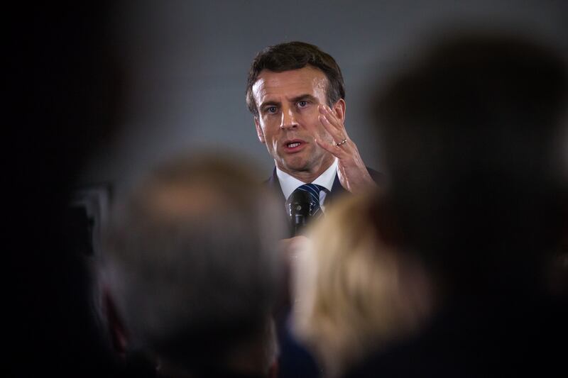 French president Emmanuel Macron addresses his supporters during the first rally of his Presidential campaign held after the announcement of his candidacy in the upcoming French Presidential elections in Poissy, near Paris, France, 07 March 2022. EPA