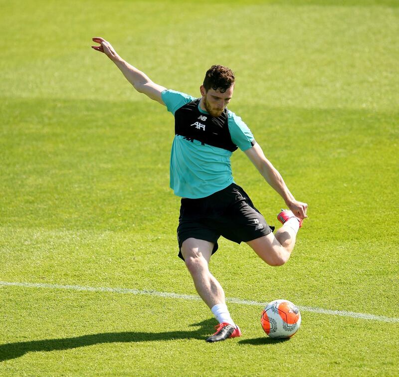 LIVERPOOL, ENGLAND - MAY 24: (THE SUN OUT, THE SUN ON SUNDAY OUT) Andy Robertson of Liverpool during a training session at Melwood Training Ground on May 24, 2020 in Liverpool, England. (Photo by Andrew Powell/Liverpool FC via Getty Images)