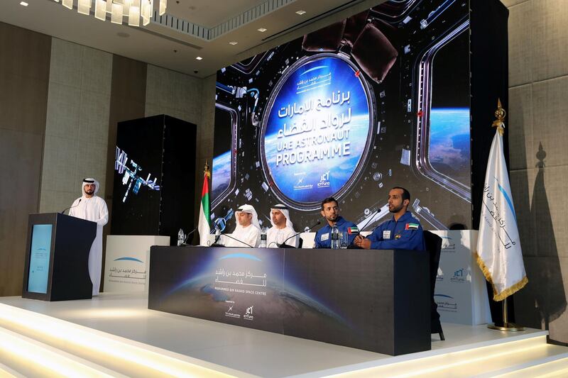 Dubai, United Arab Emirates - Reporter: Sarwat Nasir: Panel L-R Salem Humaid Al Marri, assistant DG, Science and technology sector, Head of the UAE astronaut program, Yusuf Al Shaibani, Director general of MBRSC, Sultan Al Neyadi, back-up astronaut and the UAE's first Emirati astronaut Hazza Al Mansoori. Press conference by MBRSC to announce details of search for next UAE astronaut. Tuesday, 3rd of March, 2020. Downtown, Dubai. Chris Whiteoak / The National