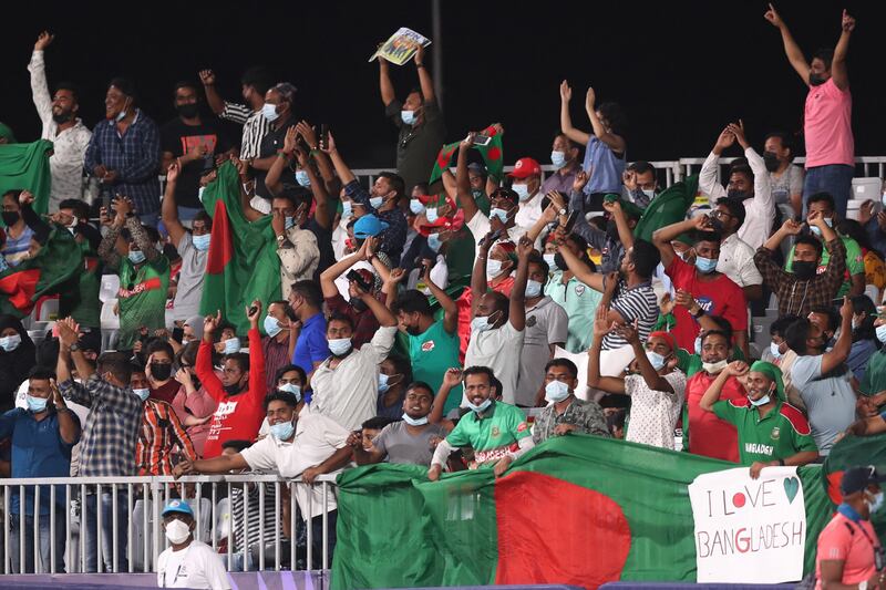 Bangladesh fans cheer on their side in the match against Scotland at Oman Cricket Academy Ground in Muscat. AFP