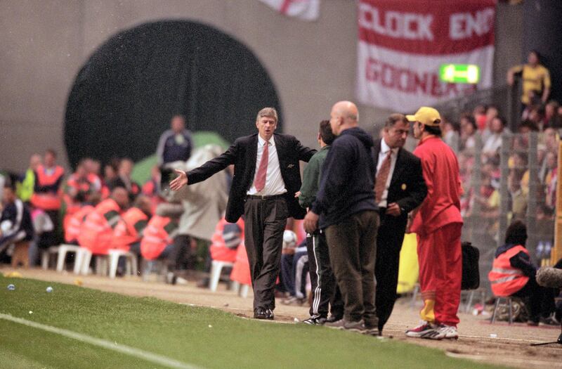 Arsene Wenger the Arsenal manager protests during the Uefa Cup Final against Galatasaray at the Parken Stadium, in Copenhagen, Denmark in May 2000. The match ended in 0-0 draw after extra time, Galatasaray won 4-1 on penalties. Graham Chadwick / Allsport