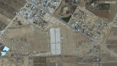 Satellite images from Maxar Technologies shows tents and shelters west of Khan Younis on May 4 and a major expansion of tents and shelters on May 15. AFP