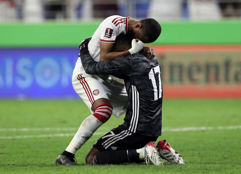 UAE goalkeeper Khalid Eisa celebrates after the match. Reuters