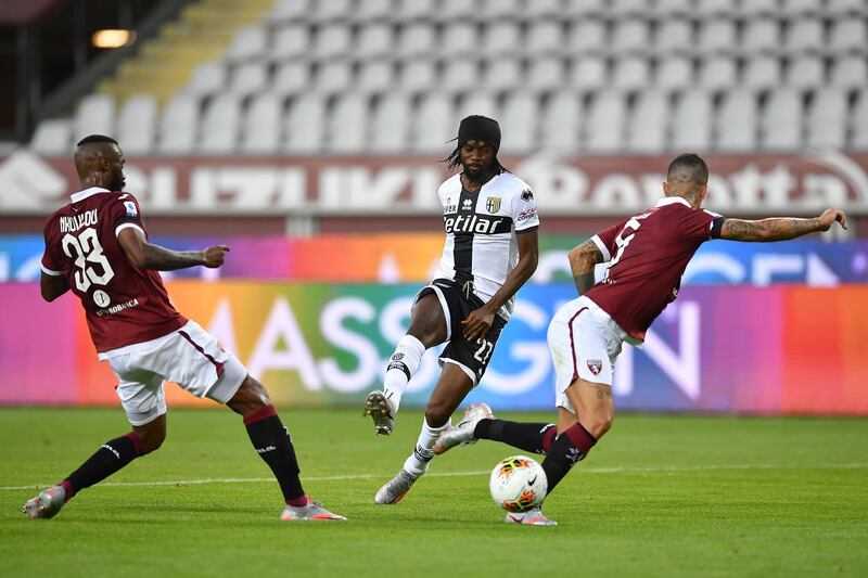 Gervinho (C) of Parma takes a shot at goal against Torino. Getty Images