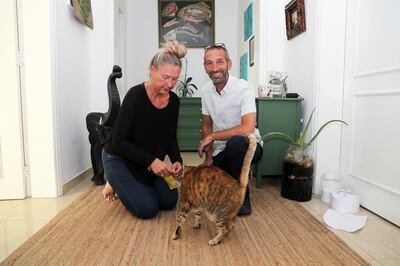 Dave Appleby, pictured with his wife Jacqueline and one of their cats, says costs can vary hugely between different veterinary clinics. Pawan Singh / The National