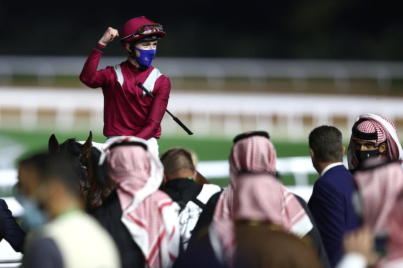 David Egan, riding Mishriff, wins the Saudi Cup at King Abdulaziz Racecourse. Getty