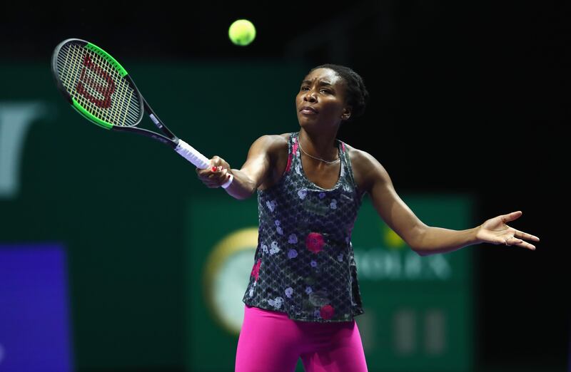 SINGAPORE - OCTOBER 21:  Venus Williams of the United States practices prior to the BNP Paribas WTA Finals Singapore presented by SC Global at Singapore Sports Hub on October 21, 2017 in Singapore.  (Photo by Clive Brunskill/Getty Images)