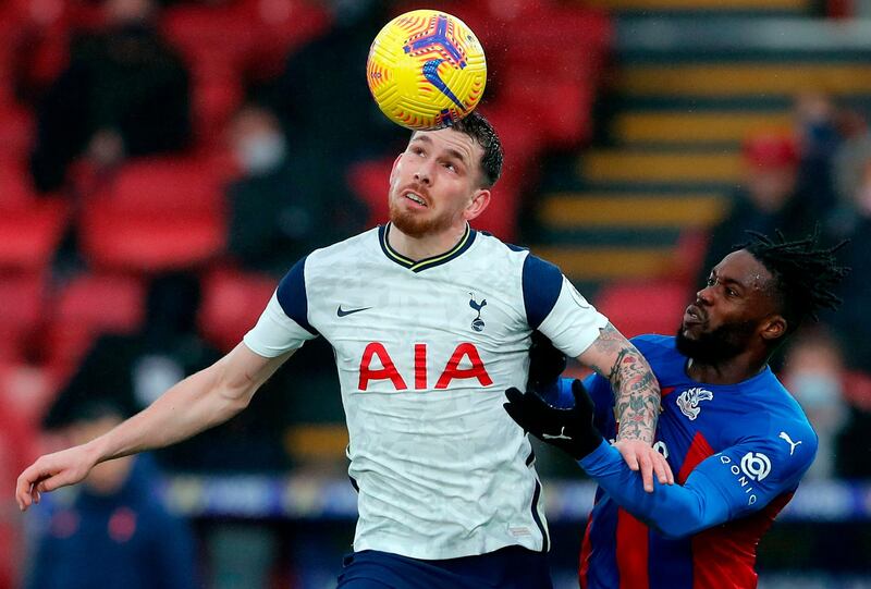 Tottenham midfielder Pierre-Emile Hojbjerg wins a header. AFP