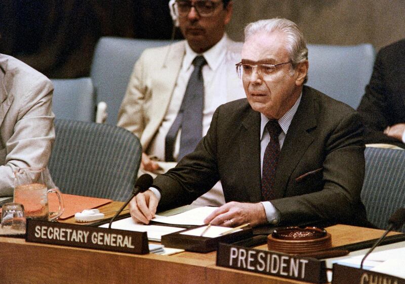 UN Secretary General Javier Perez de Cuellar announces a ceasefire in the Iran-Iraq war during a special session of the UN Security Council at the UN's headquarters in New York, US, in 1988. AFP