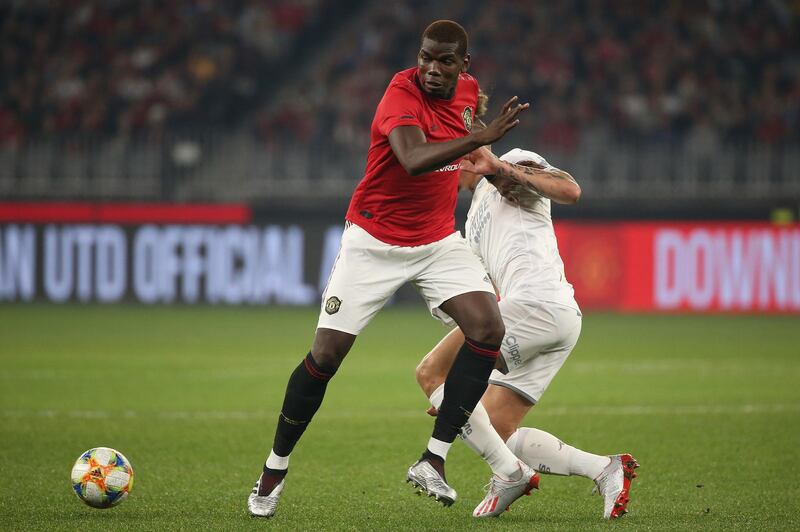 Paul Pogba watches the ball during the clash in Perth. Getty