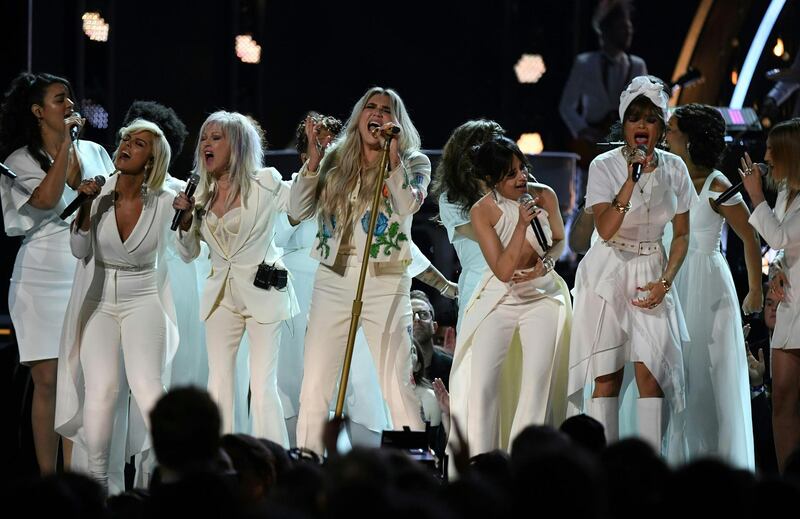 Kesha (C) performs with (from L to R) Bebe Rexha, Cindy Lauper, Camila Cabello and Andra Day Timothy A. Clary / AFP