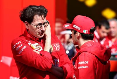 MONTMELO, SPAIN - MARCH 01: Ferrari Team Principal Mattia Binotto talks with Charles Leclerc of Monaco and Ferrari in the Paddock during day four of F1 Winter Testing at Circuit de Catalunya on March 01, 2019 in Montmelo, Spain. (Photo by Charles Coates/Getty Images)