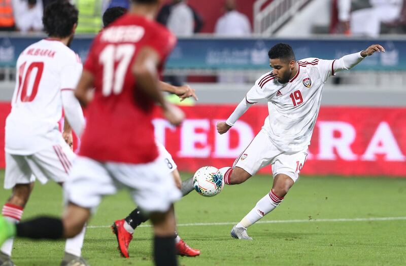 UAE's Jassim Alblooshi, right, during the Arabian Gulf Cup Group A match against Yemen on Tuesday. AFP