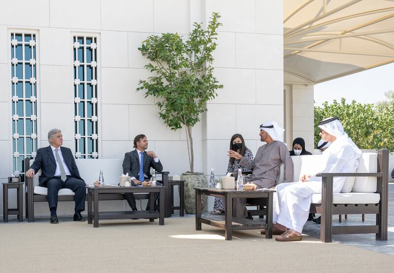 Sheikh Mohamed with Mr Lacalle Pou and Sheikh Hazza bin Zayed, vice chairman of the Abu Dhabi Executive Council (R).