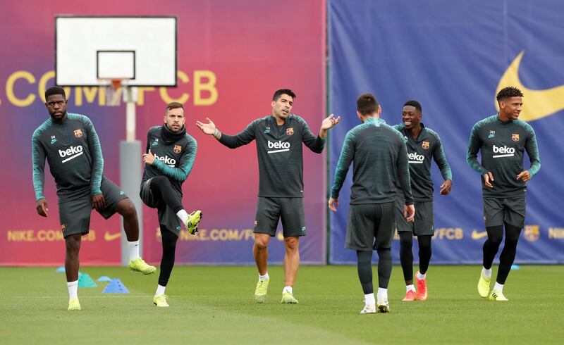 Barcelona's Samuel Umtiti, Jordi Alba, Luis Suarez, Ousmane Dembele and Jean-Clair Todibo during training. Reuters