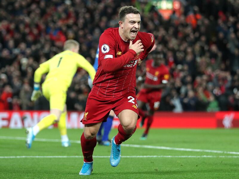 Liverpool's Xherdan Shaqiri celebrates scoring his side's second goal of the game during the Premier League match at Anfield, Liverpool. PA Photo. Picture date: Wednesday December 4, 2019. See PA story SOCCER Liverpool. Photo credit should read: Richard Sellers/PA Wire. RESTRICTIONS: EDITORIAL USE ONLY No use with unauthorised audio, video, data, fixture lists, club/league logos or "live" services. Online in-match use limited to 120 images, no video emulation. No use in betting, games or single club/league/player publications.