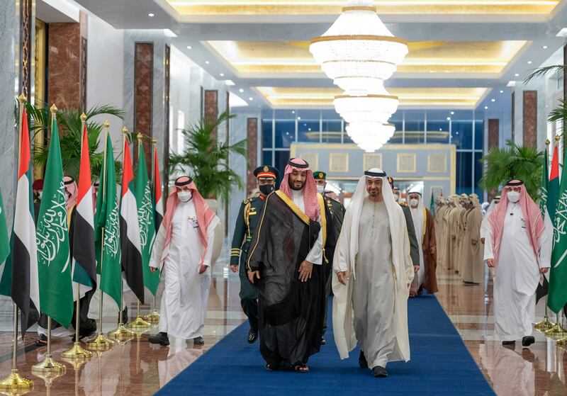 Saudi Arabia's Crown Prince Mohammed bin Salman is welcomed by Sheikh Mohamed bin Zayed, Crown Prince of Abu Dhabi and Deputy Supreme Commander of the Armed Forces, in the UAE capital. All photos: Ministry of Presidential Affairs.