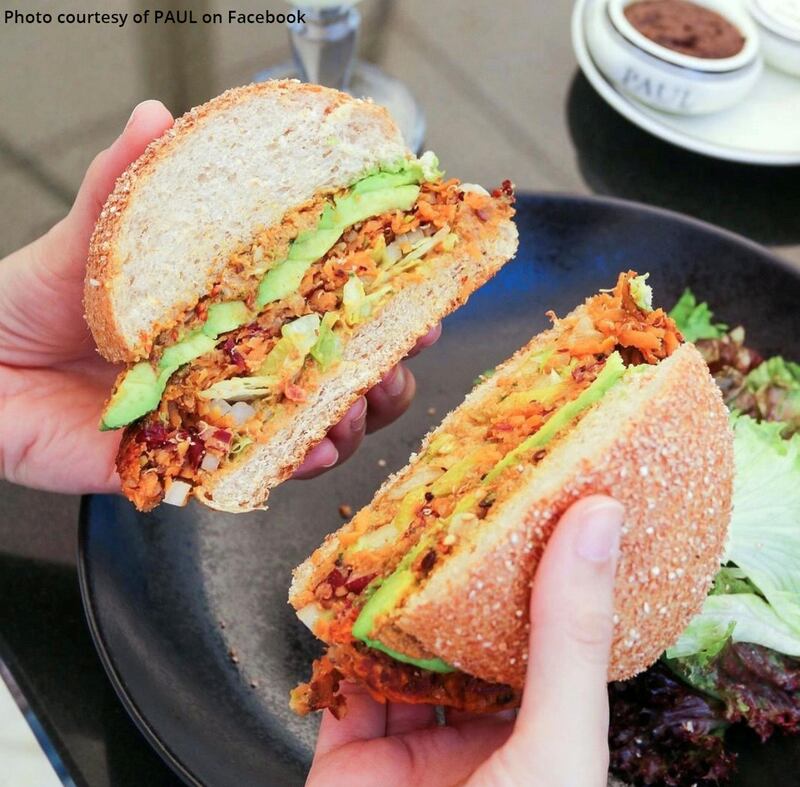 Paul's Mrs Vegan Burger has a sweet potato patty, tahini gremolata, avocado and is served with a side salad.